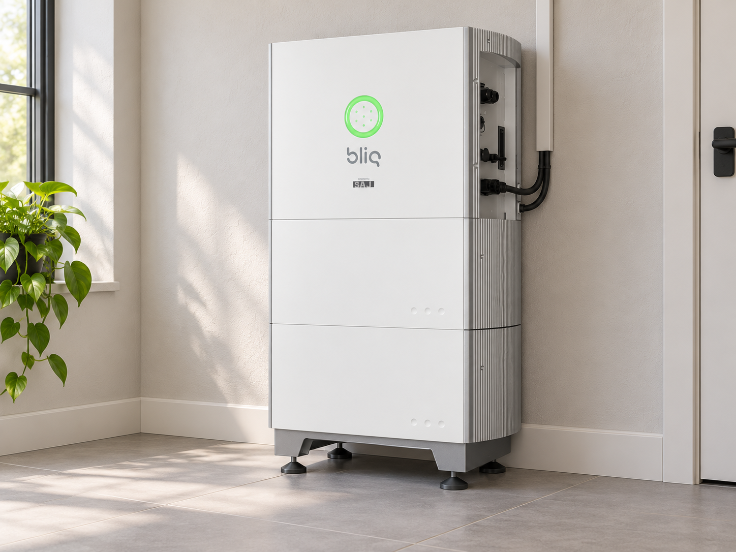 Bliq thuisbatterij voor een lichte binnenmuur in een moderne bijkeuken