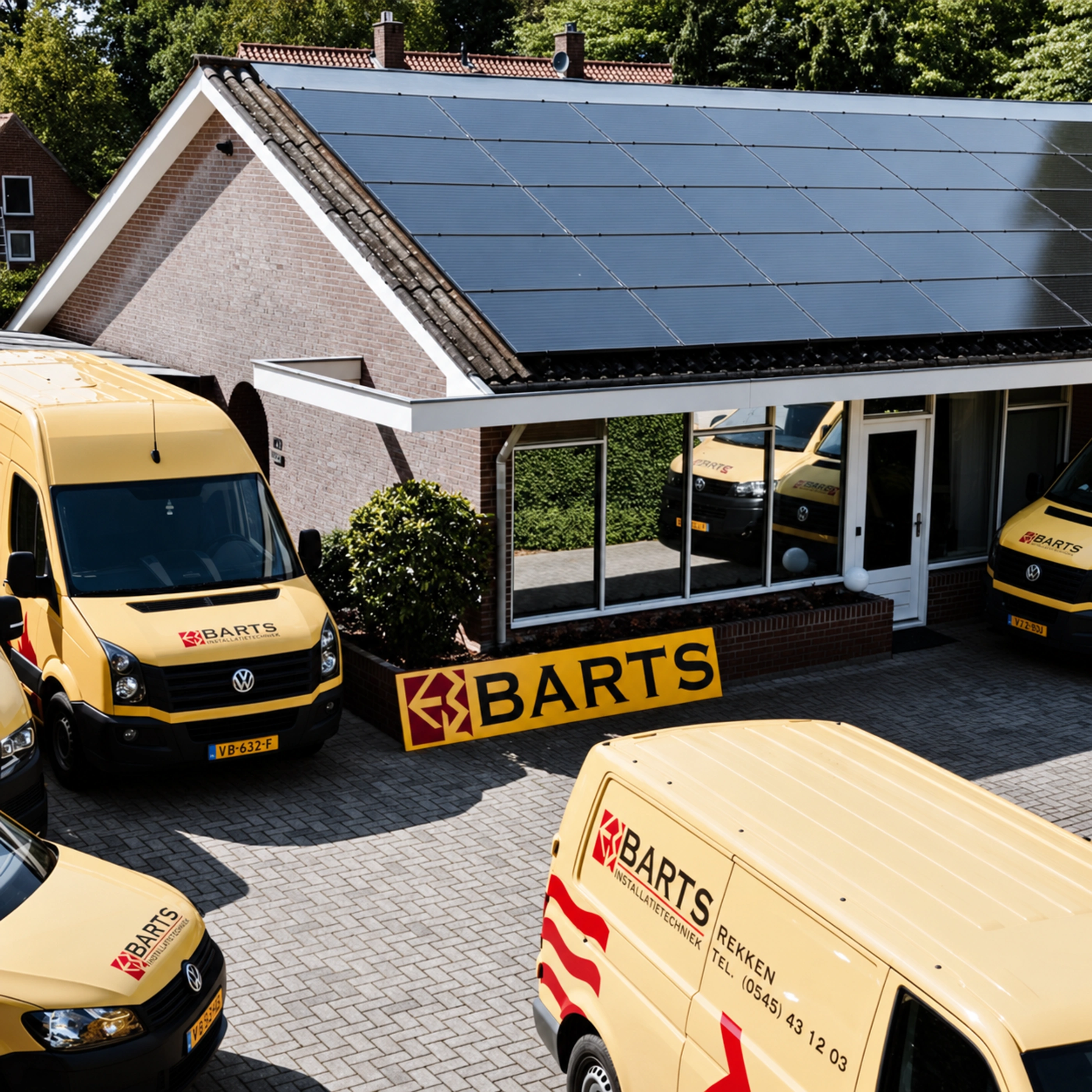 Het bedrijfspand en de herkenbare gele servicebussen van Barts in Rekken